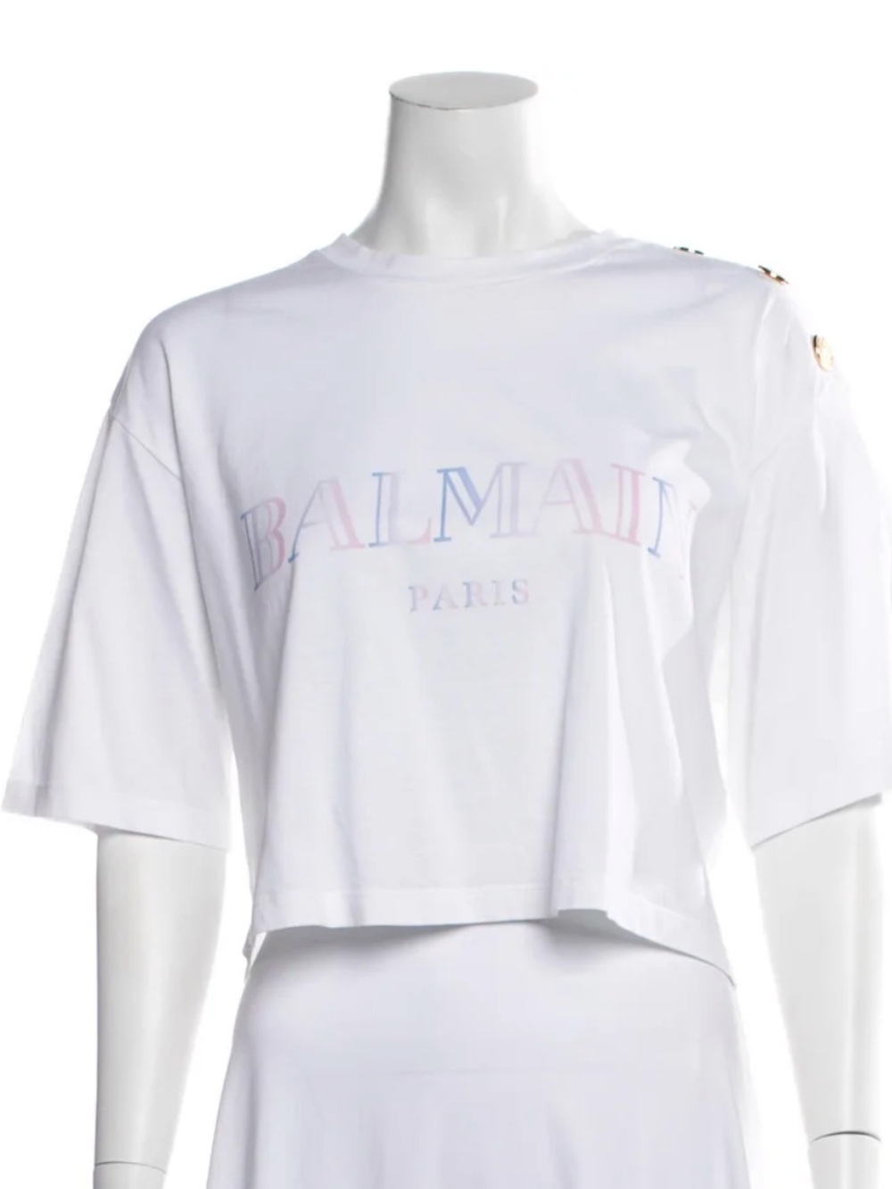 Balmain White Cropped Logo Tee with Pastel Lettering